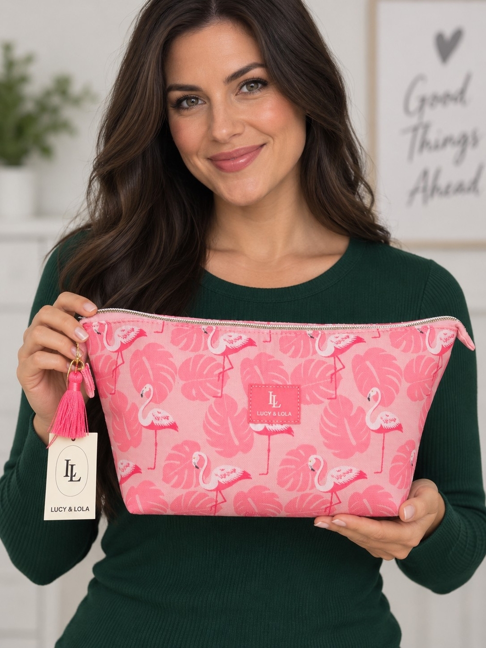 Lucy & Lola Pink Flamingo Print Canvas Cosmetic Pouch, New with Tags
